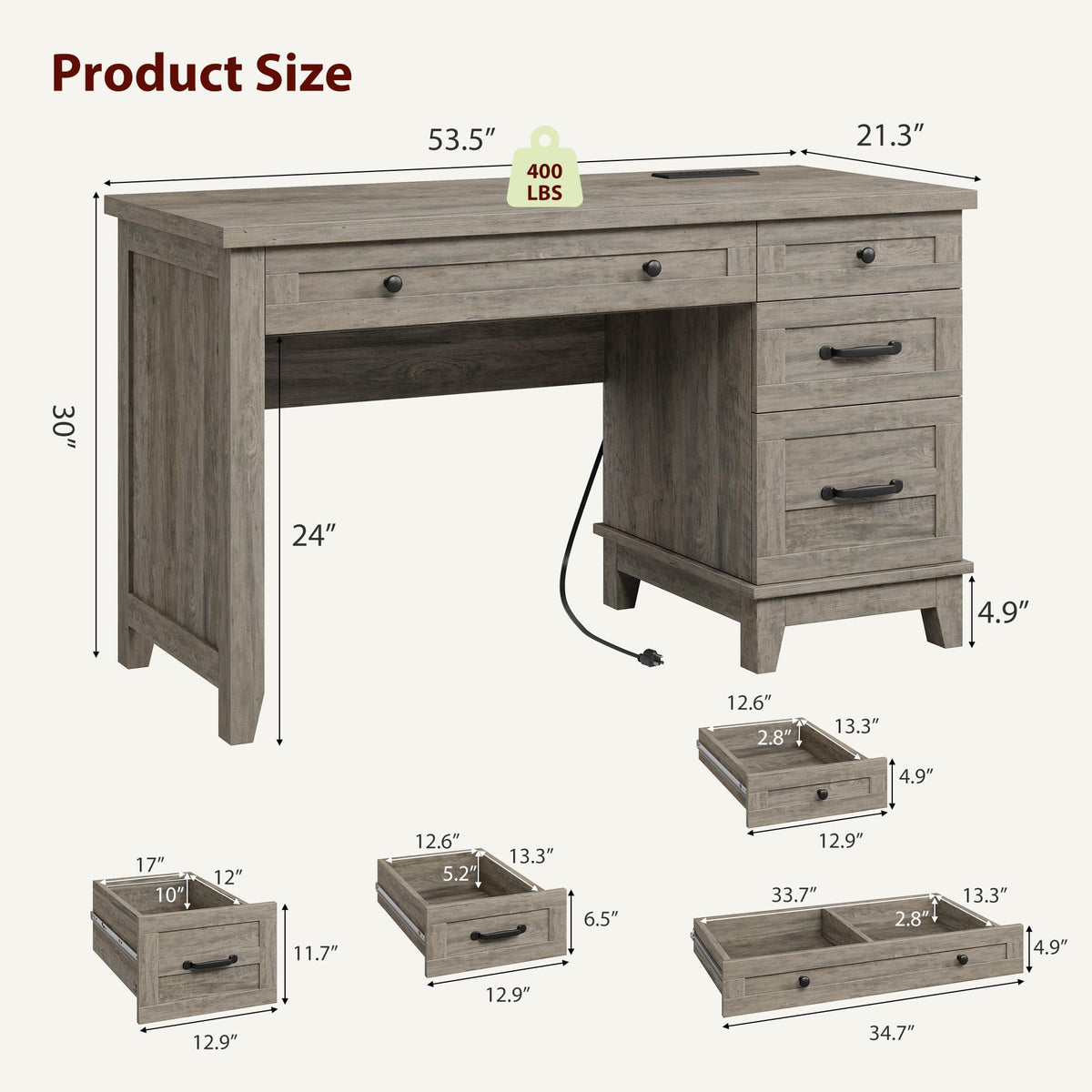 Garvee 53.5" Wooden Home Office Desk with File Drawers, Executive Desk with Power Outlet, Farmhouse Wood Desk with Storage, Distressed Study and Work Table, Rustic Grey