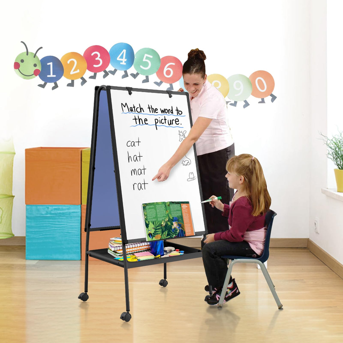 MAKELLO Rolling Whiteboard on Wheels 36x24 in, Double Sided Mobile White Board with Storage Tray for Office School Home, Magnetic Classroom Easel for Teacher, Height Adjustable, Aluminum Frame, 3'x2'