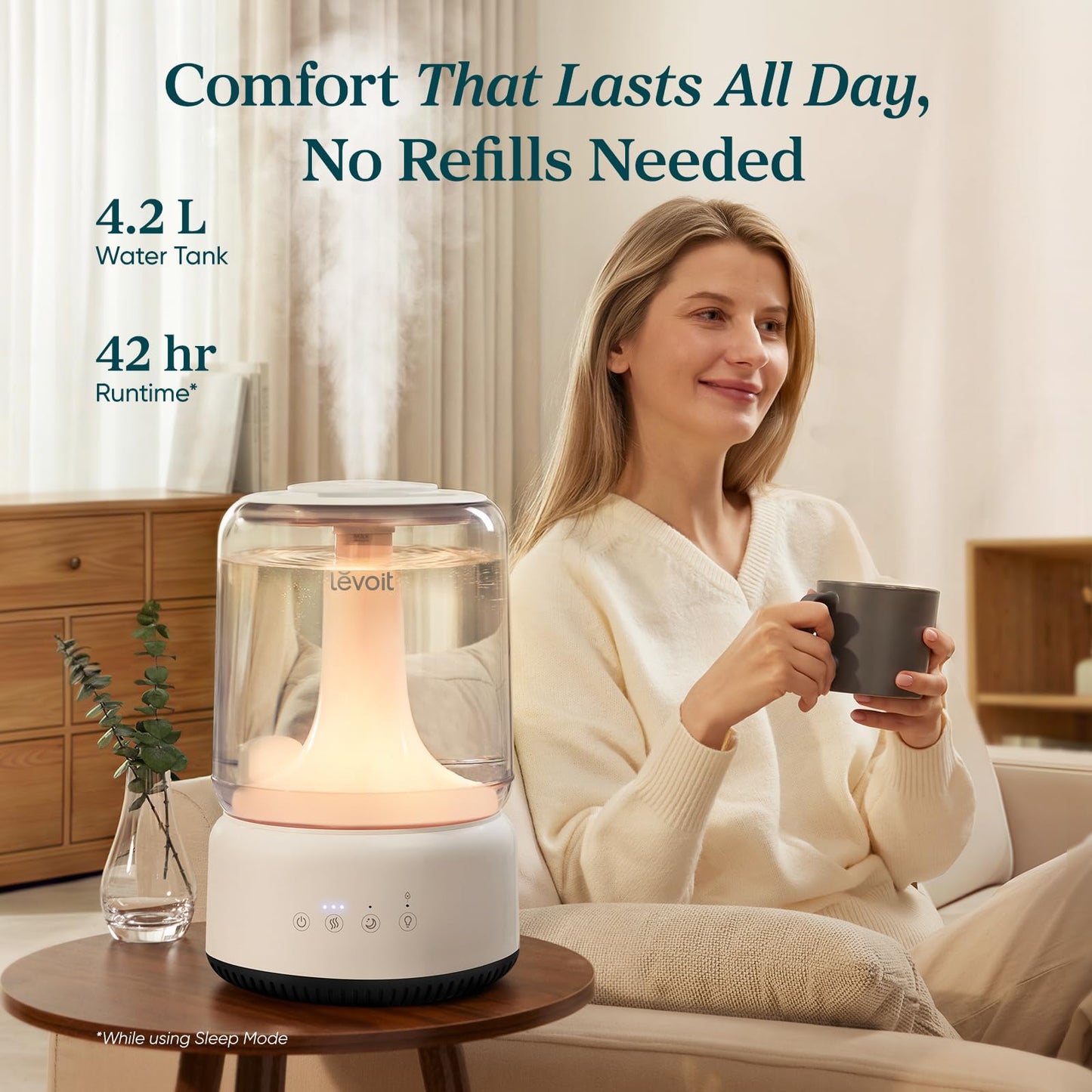 LEVOIT Humidifiers for Bedroom, 4.2L Top Fill for Large Room with 42H Runtime, Dishwasher Safe Design Easy to Clean, 21dB Quiet Cool Mist for Baby, Plants, Night Light, Essential Oil Diffuser, White