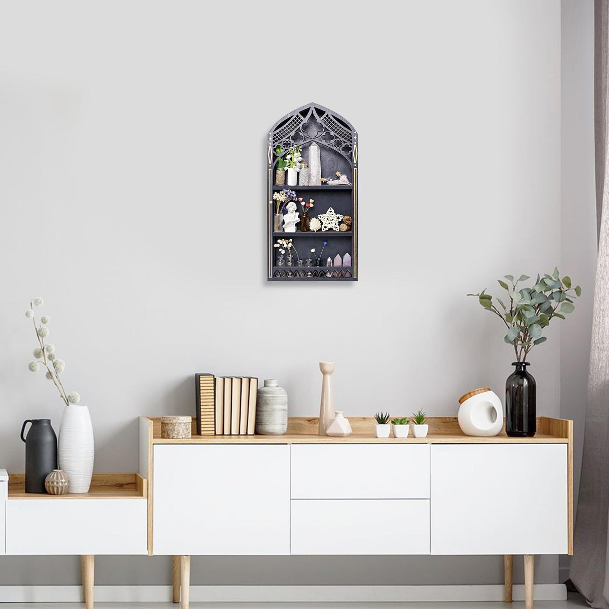 Gothic Window Crystal Shelf Display for Wall, Wooden Gem Stone Rock Storage Holder Trinkets Organizer, Wall Mount Stand Case Box for Witch Wiccan Decor, Spiritual Gift for Home Bedroom Living Room