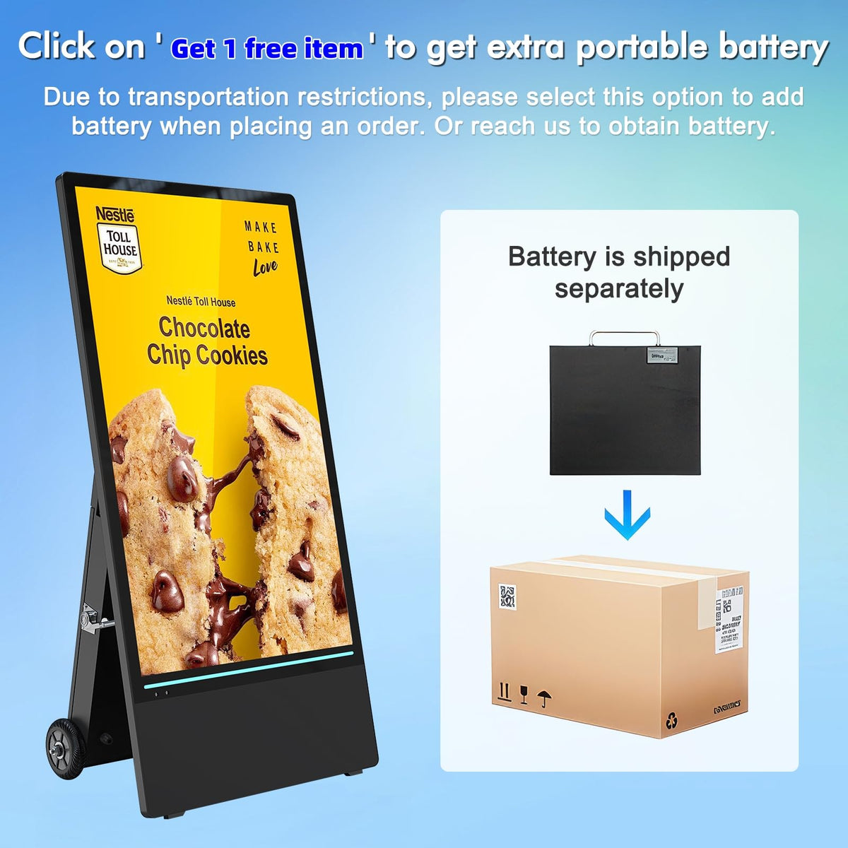 QIXZOCV MWE 43 Inch Outdoor Digital Signage Display, Portable Battery Powered High Brightness Screen Advertising Display Kiosk, Movable Waterproof Standing Poster, Android OS