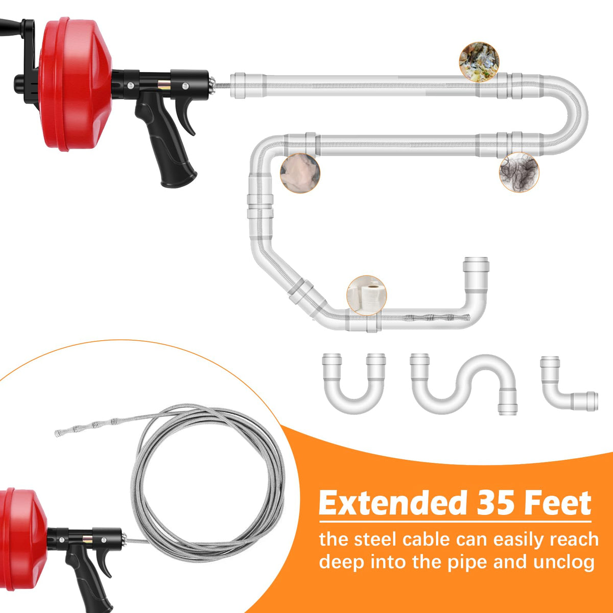 35 FT Double Mode Drain Snake Tools, 14-in-1 Drain Auger for Sink and Drain Unblocking, Plumbing Snake for Kitchen, Bathrom and Shower Sink, Snake for Real DYIs【Upgraded】