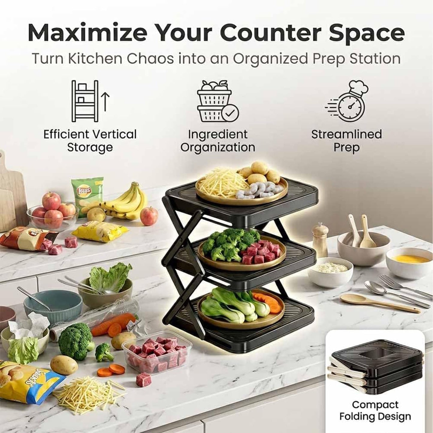 DFKSVCA Multi-Layer Dish & Prep Tray Storage Rack, Foldable 3-Tier Dish Rack with Removable Layers and Utensil Drying Holder, Compact Dish Organizer for Kitchen Counter, Parties and Picnics (Black)