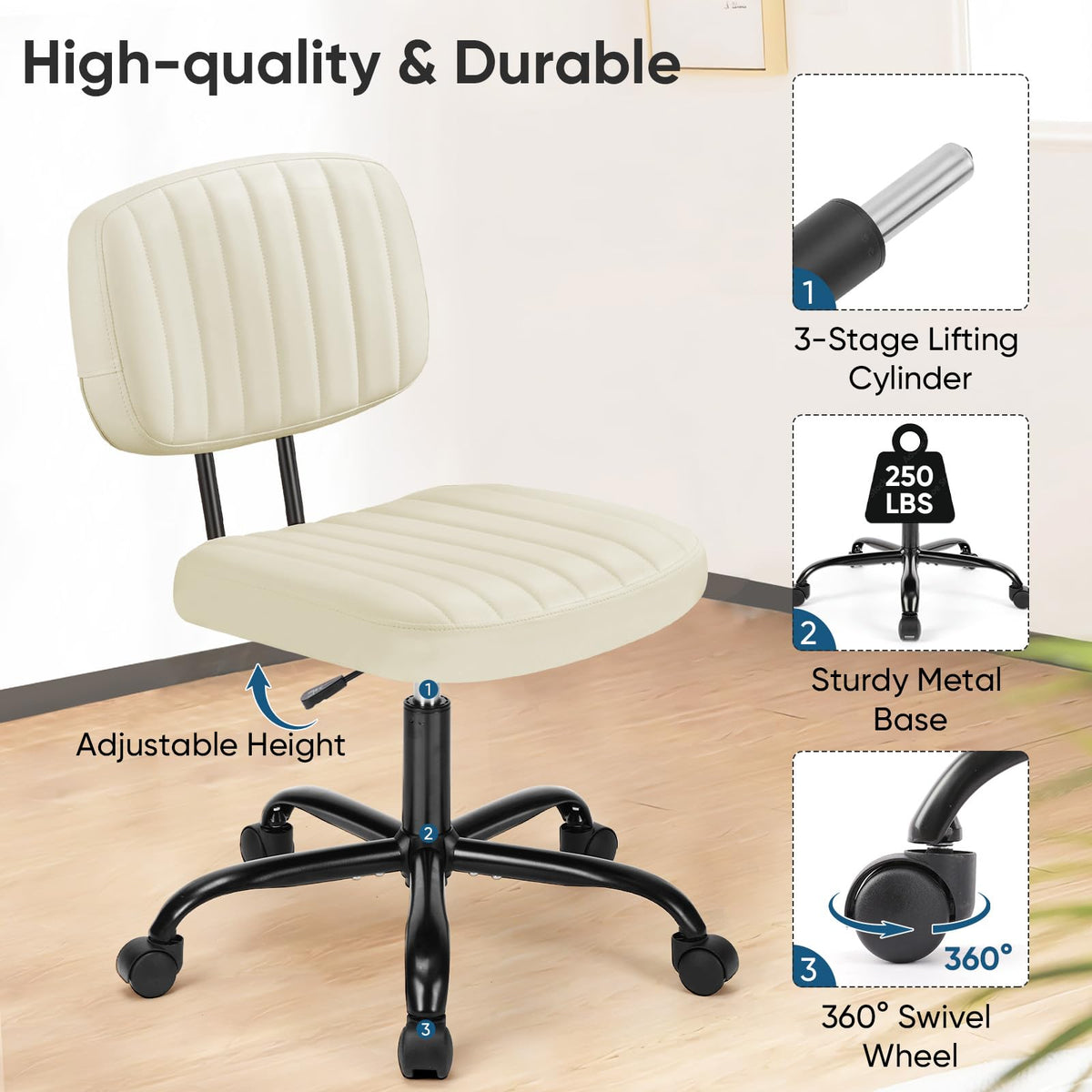 DUMOS Small Office Desk Chair - Armless PU Leather with Comfy Lumbar Support, Height Adjustable Rolling Swivel Task for No Arms, for Adult, Student, Bedroom, Home, Vanity, Beige White