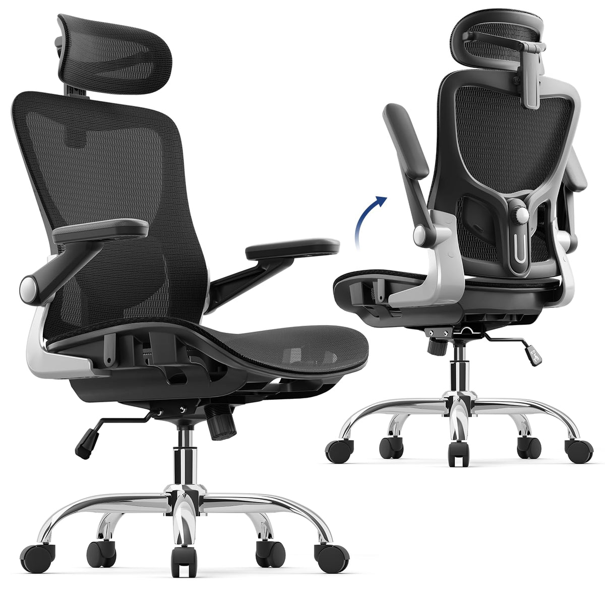 marrap Ergonomic Office Chair, Mesh Seat Cushion with 3D Armrests and 3D Headrest, Adjustable Lumbar Support with 90-120° Rocking Function, Black