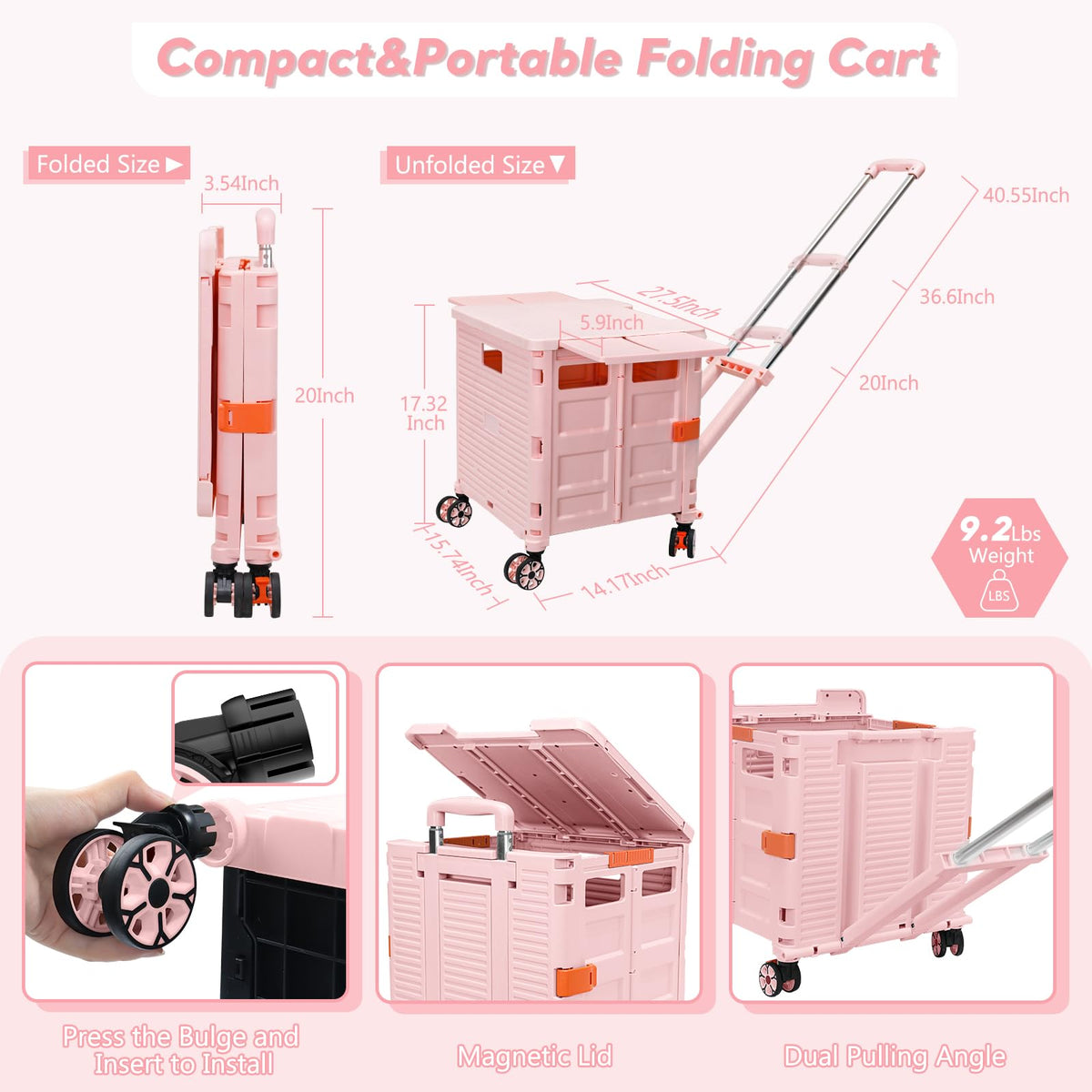 FELICON SELORSS Folding Utility Cart Rolling Crate Tote Basket Box Storage Handcart on 4 Swivel Wheels with Adjustable Handle Extended Magnetic Lid for Teacher Move Shop Travel Grocery Office(Pink)