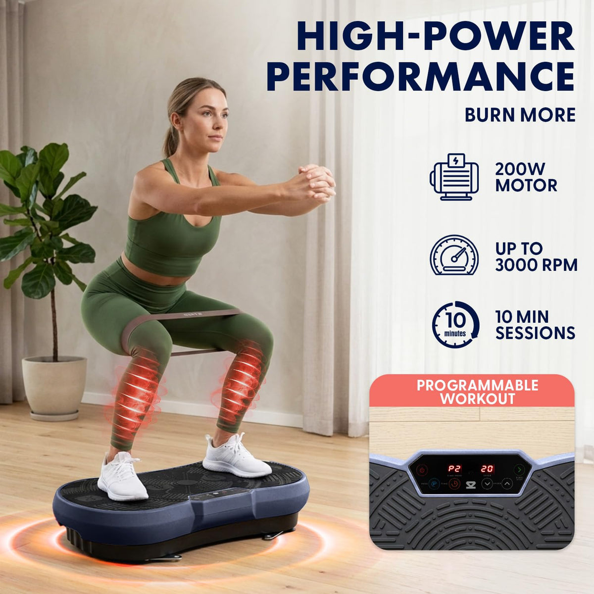 SQUATZ Vibration Plate Exercise Machine | Low-Impact Full Body Vibrator Plate with 99 Speed Levels & 9 Preset Programs | Resistance Bands & Remote Included | 265 lb Capacity | For Home & Office | Blue