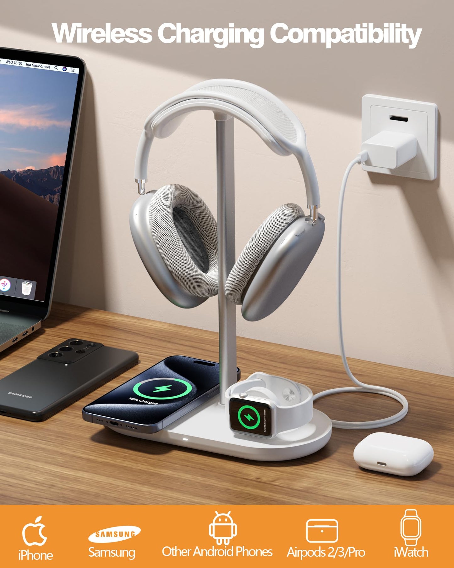 HiWe Headphone Stand, 2-in-1 Wireless Charger for iPhone/Apple Watch, Aluminum Alloy Rod, Minimalist Desk Organizer, White