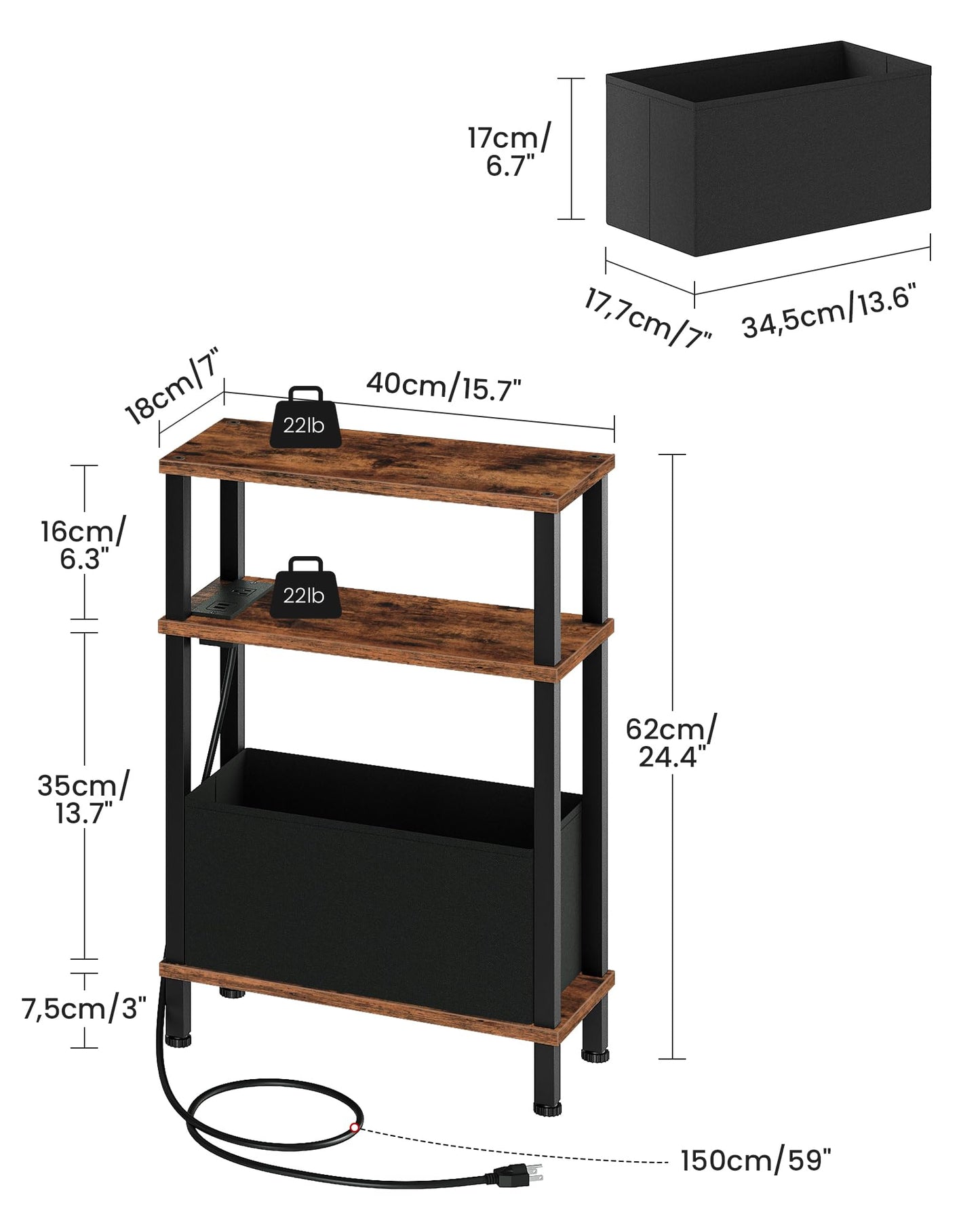 CHOEZON Small Narrow Side Table with Charging Station, Skinny End Table with Fabric Basket, Slim Nightstand for Small Spaces, Sofa Side Table, for Living Room, Bedroom, Rustic Brown and Black TBZ07UBF
