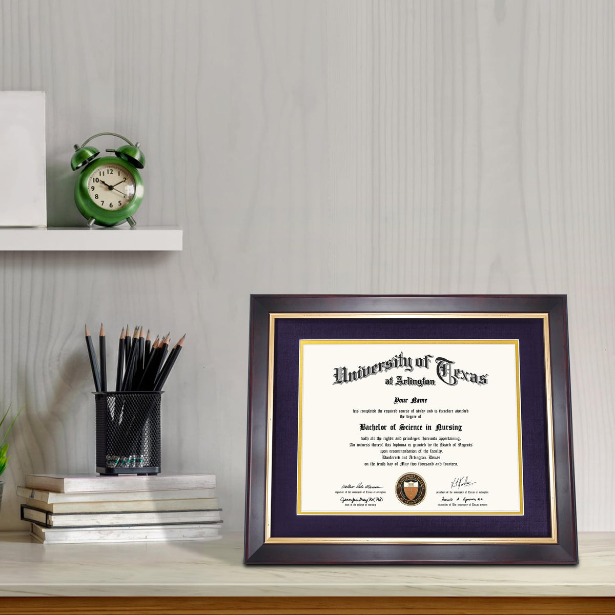 GMFrames 8.5x11 Wood Diploma Frame with Purple Mat or Display 11x14 Certificates without Mat,Tempered Glass,Deep Brown Finish with Gold Trim