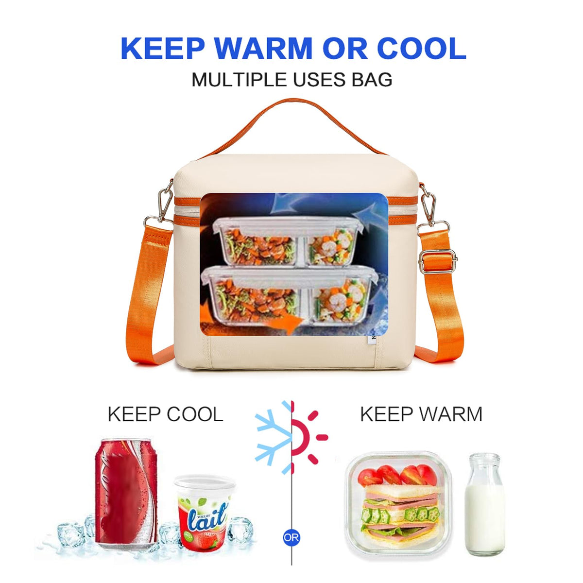 NOL Insulated Lunch Bags for Women Cooler Bag Lightweight Nylon Waterproof Lunch Box For Work (Medium(normal), Cream/orange)