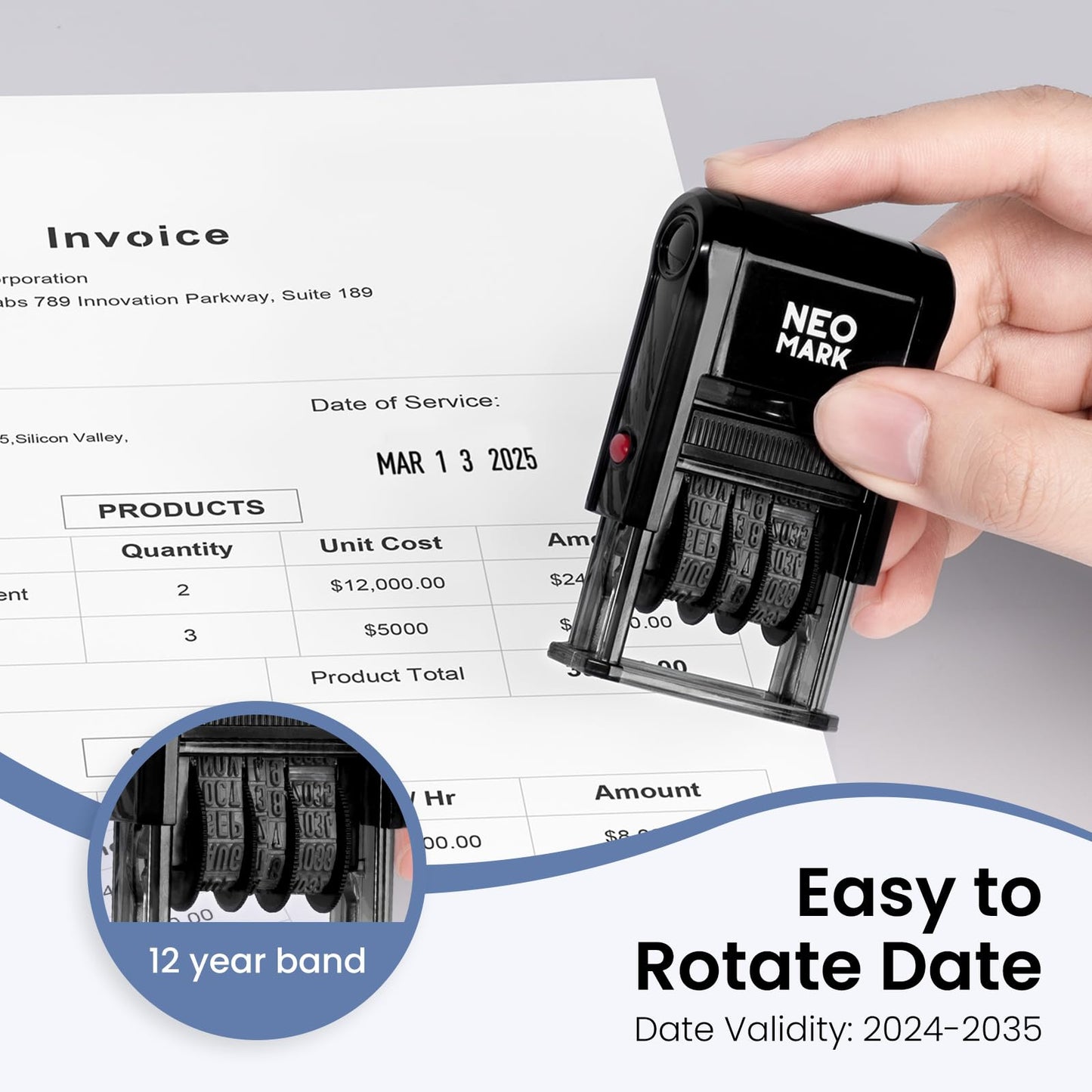 NEO MARK Self-Inking Date Stamp,12-Year Adjustable Rubber Dater, Ideal for Business, Receiving, Accounting & Expiration - with an Extra Refill Ink Pad
