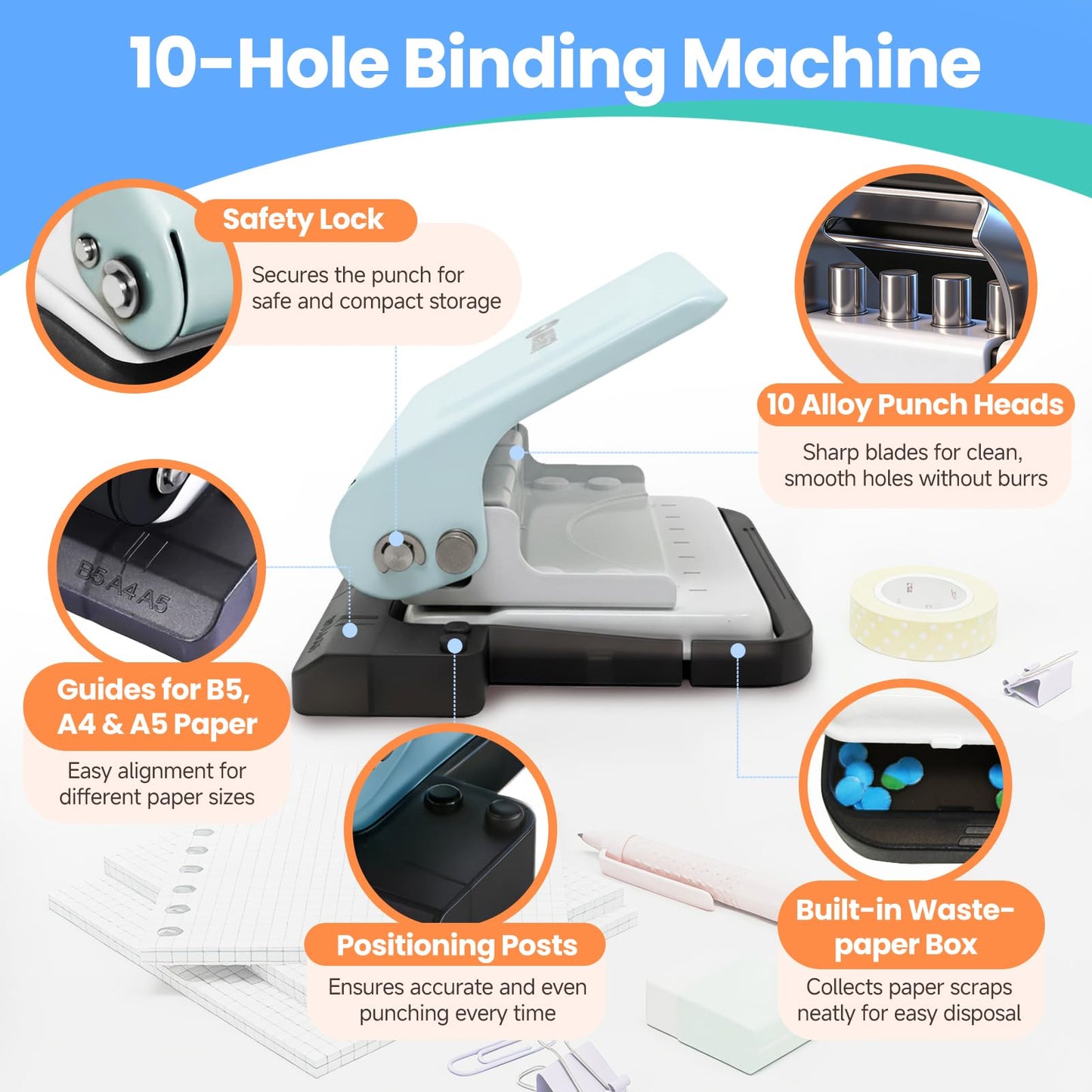10-Hole Binding Machine for Planners, Metal Loose Leaf Punch Tool,26 Holes for B5, 30 for A4, 20 for A5 Paper, Handheld Manual Notebook Puncher for Home Office School DIY Project