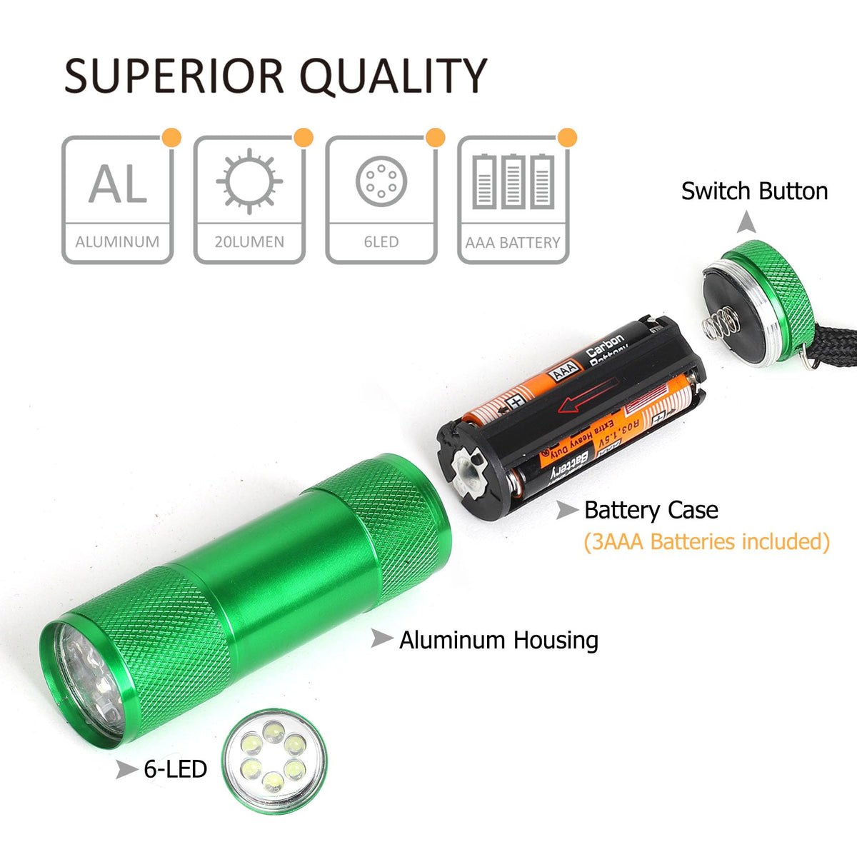 FASTPRO 20-Pack Aluminum 6-LED Flashlights Set with Lanyard and AAA Batteries Included and Pre-Installed