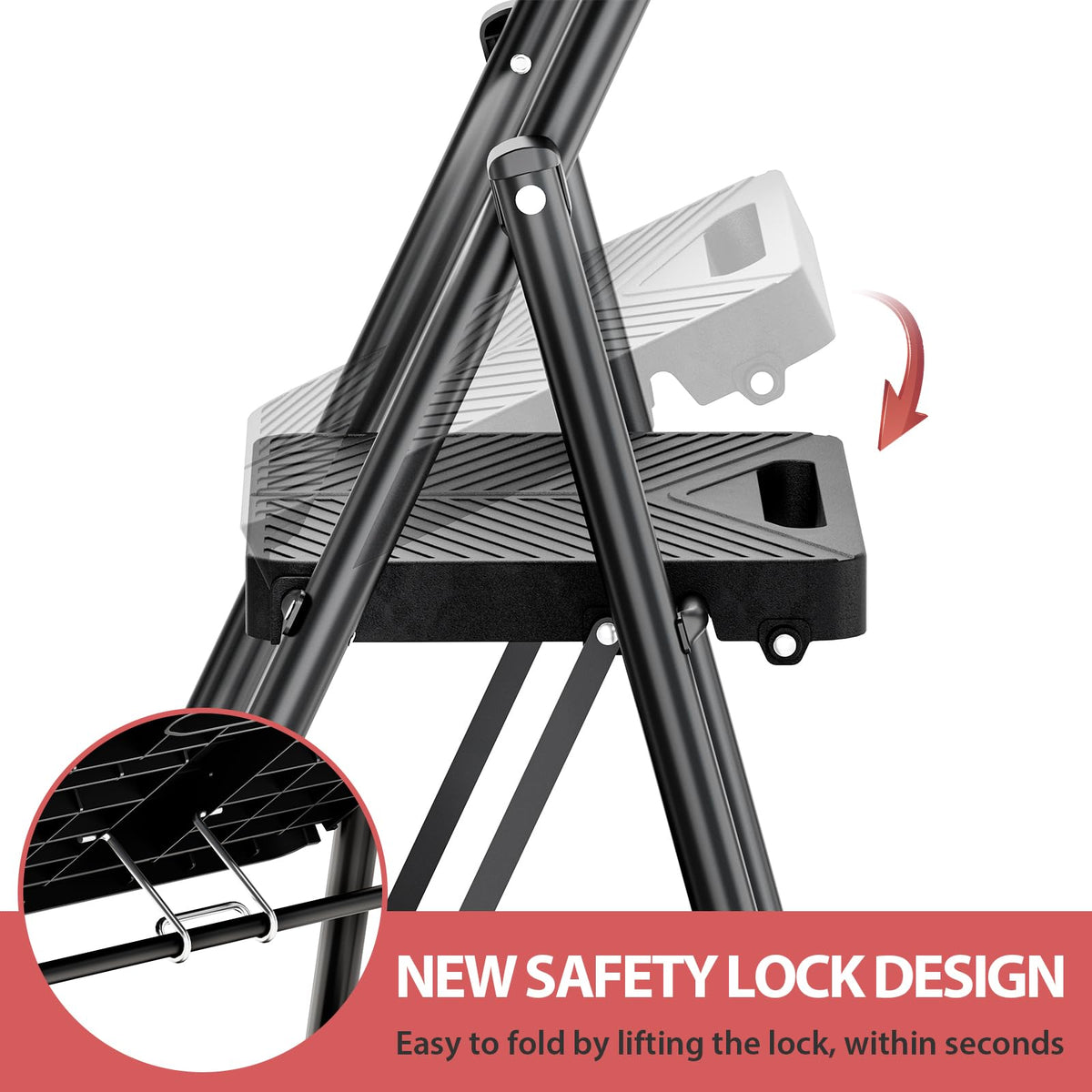 KINGRACK 3 Step Ladder, Folding Step Stool with Safe-Lock Design, 500 lbs Sturdy Steel Ladder with Wide Anti-Slip Pedal, Convenient Handrail for Household and Kitchen, Black