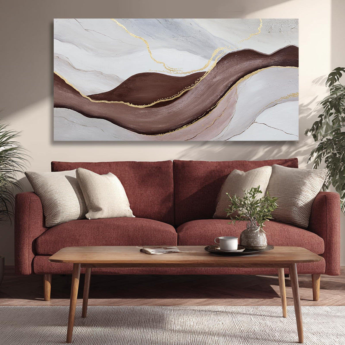 Hue7Art Modern Abstract Canvas Wall Art Neutral Flowing Lines Painting in White Gray and Brown, Minimalist Contemporary Artwork for Living Room Bedroom Office Wall Decor 24x48 Inch