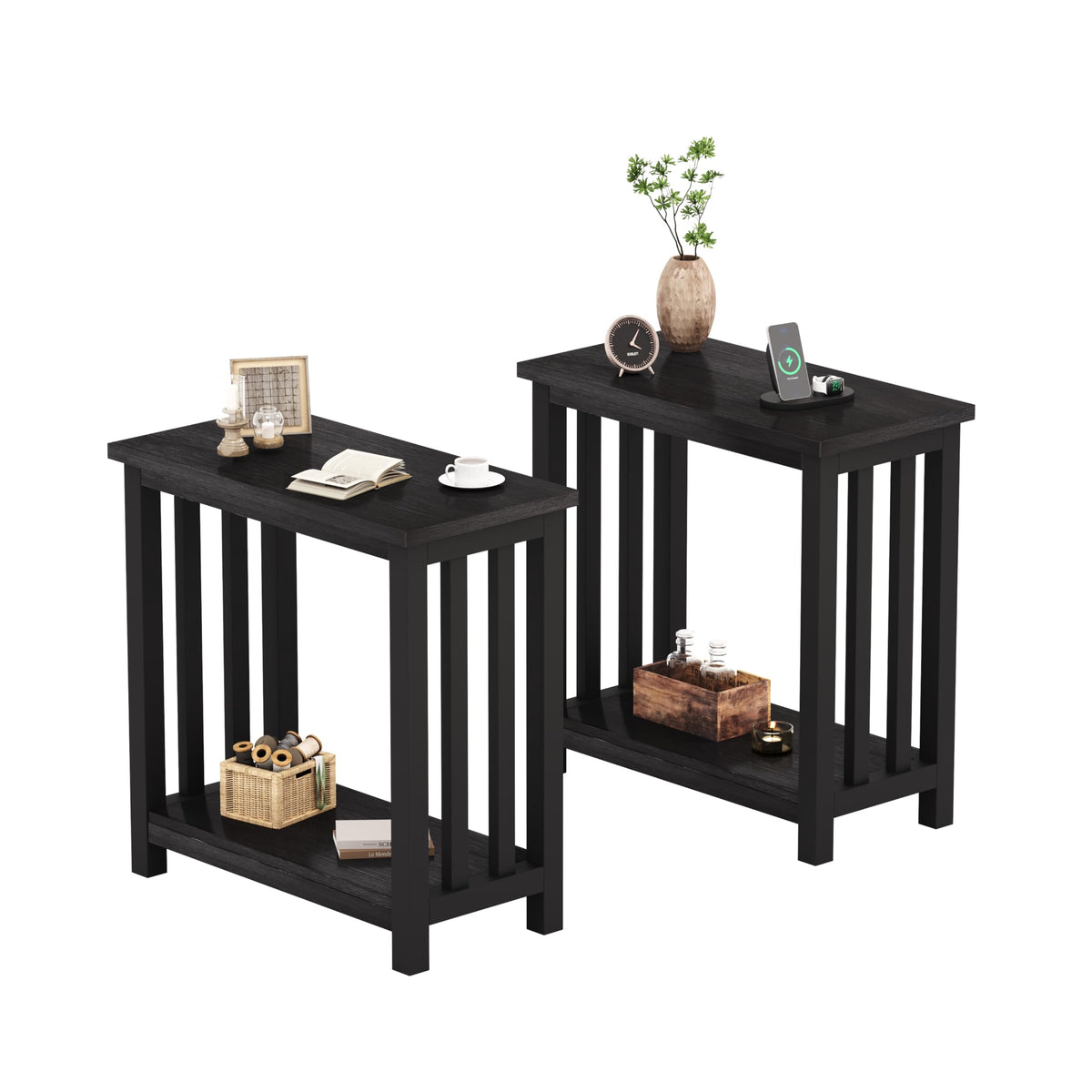 ChooChoo Mission End Tables Set of 2, Narrow Side Tables for Small Spaces, Night Stands with Storage Shelf for Living Room and Bedroom, Black
