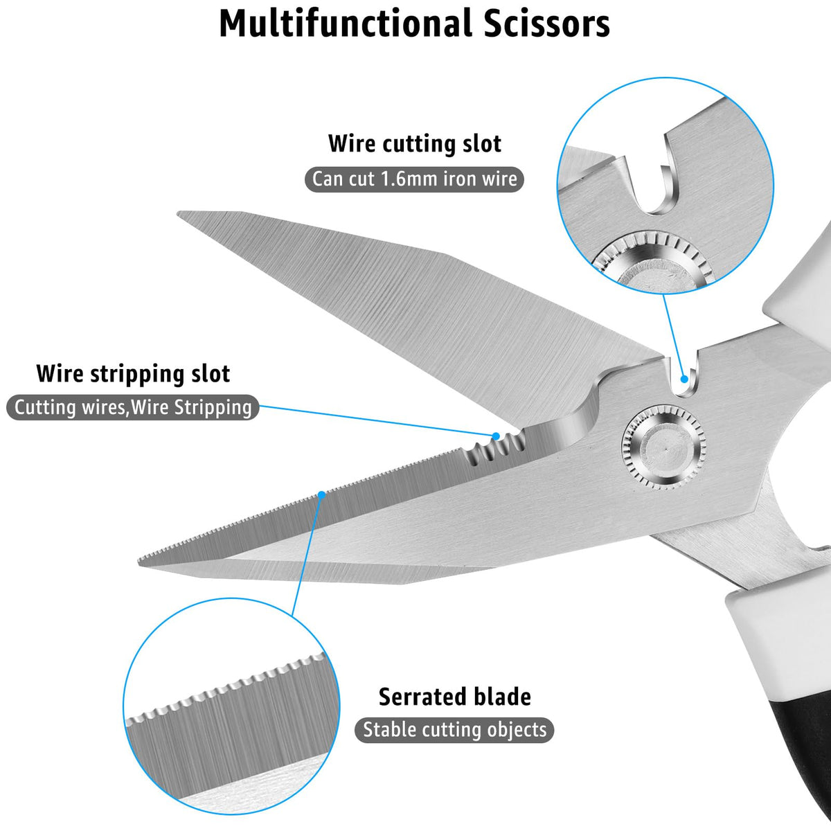 BoFuYuan 8-Inch Utility Scissors All Purpose Heavy Duty, Serrated Blade, White Comfort Grip for Cutting Carpet, Cardboard, Leather, Fabric, Multipurpose Sharp Shears for Kitchen, Garden, Office, Carft