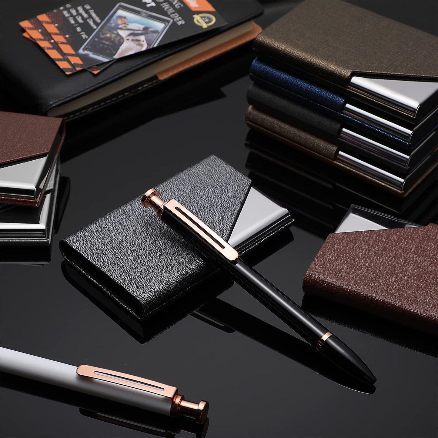 Yexiya 20 Pieces PU Leather Business Card Holder with Magnetic Closure Stainless Steel Slim Wallet Case for ID Credit Card Women Men(Black, Blue, Bronze, Grey, Brown)