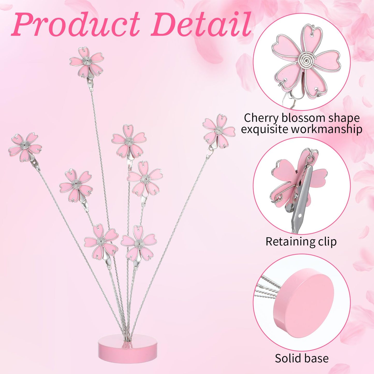 8 Branch Photo Tree Holder, Pink Cherry Blossom Gift Card Display Stand with Clips for Pictures, Memo Notes, Office Home Desk Décor