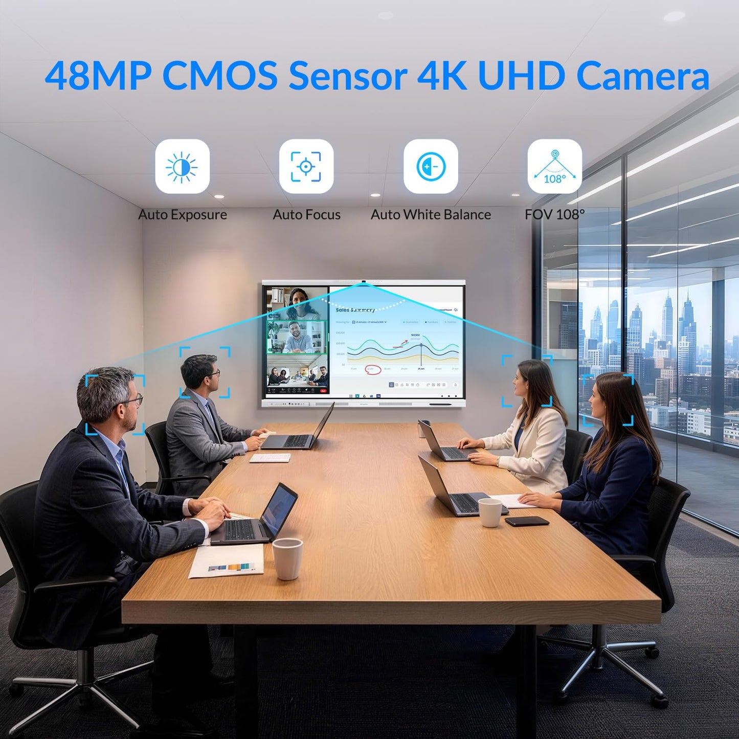 NEWORK Smart Board, 55" All-in-One Interactive Whiteboard, Google EDLA Certified, 48MP CMOS Sensor 4K UHD Camera, 8 AI Noise-Canceling Mics, for Professional Business Meetings and Classroom