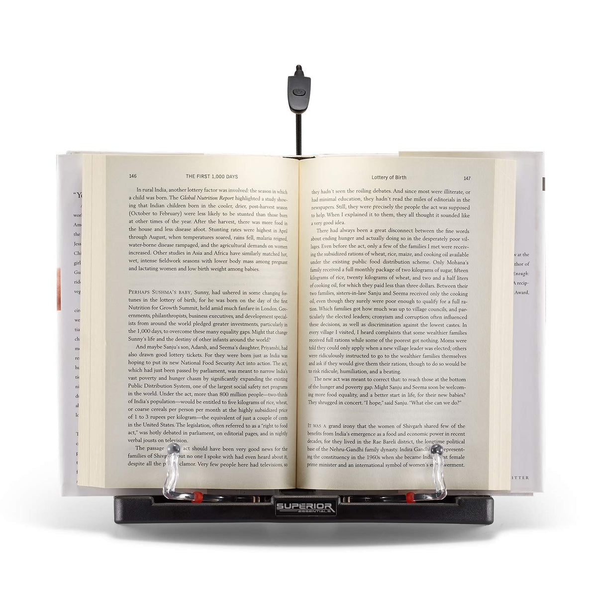 Superior Essentials Book Stand for Reading Hands Free - Recipe Book Cookbook Holder Stand for Kitchen Counter and Page Clips - Ideal for Textbooks, Cookbooks, and Devices