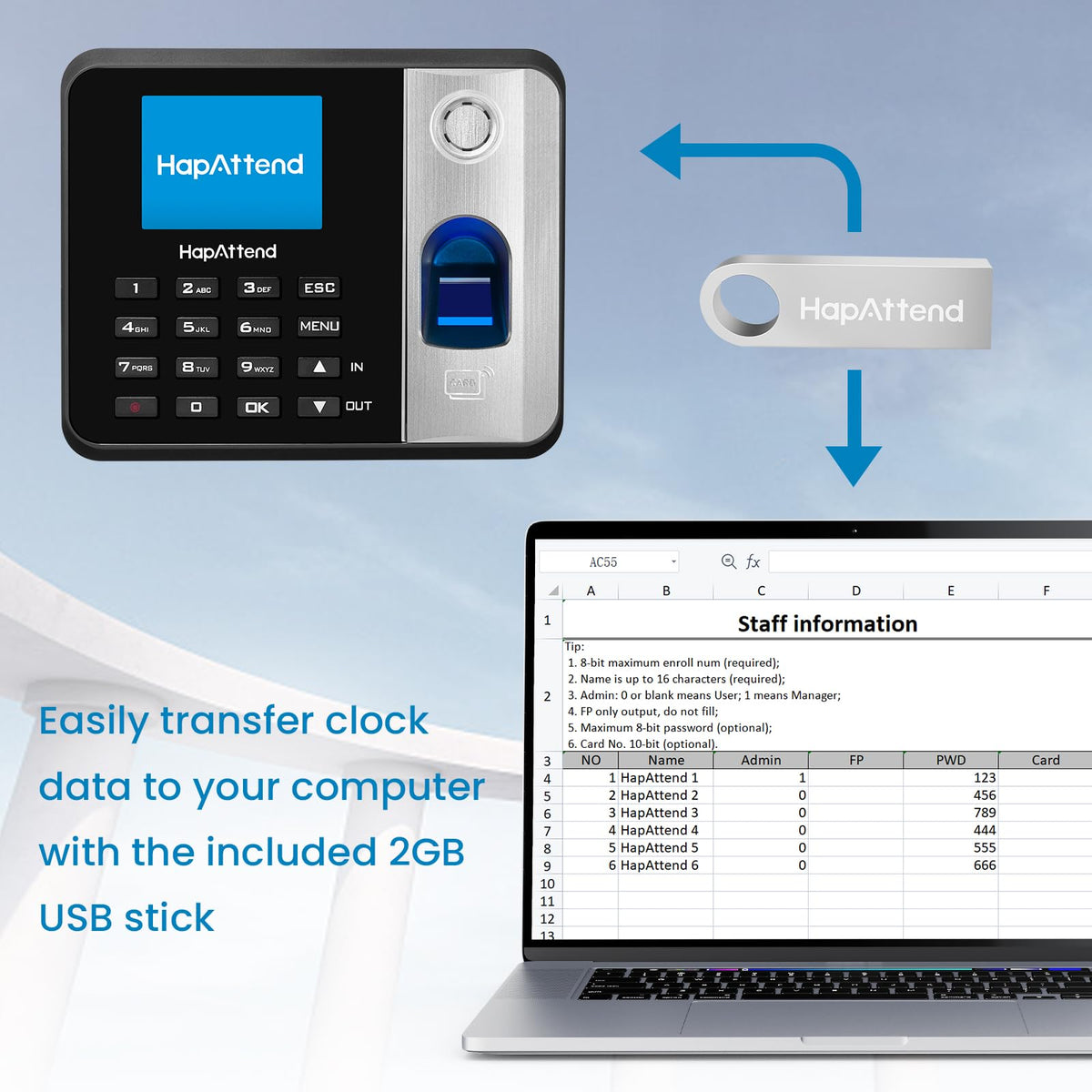 HapAttend Time Clock - Fingerprint Time Clocks for Employees Small Business Automatic Calculate Hours, No WiFi H1 Standalone Biometric Clock in Machine for Employees with 5 RFID Cards (0 Monthly Fees)