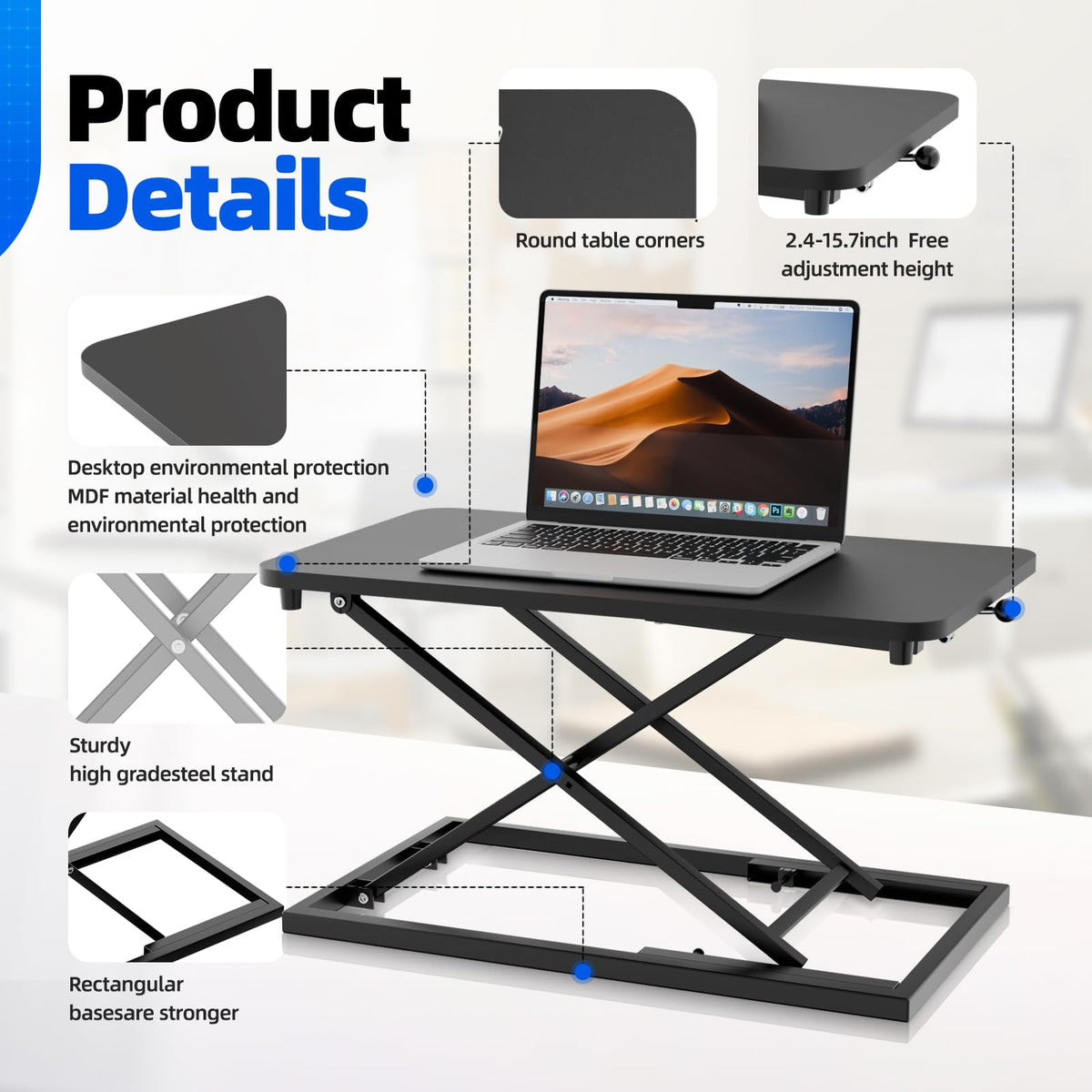 Hoodutric Standing Desk Converter Height Adjustable, Sit to Stand up Desk Riser Computer Workstation use in Laptop and Single Monitor Ergonomic Desktop Workstation for Home Office - Black