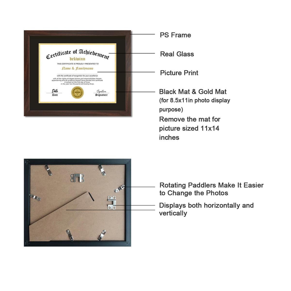 DEKWINN, Diploma Frames 8.5x11 with Mat or 11x14 without Mat,Set of 6 Certificate Document Frame with Real Glass for Wall and Tabletop Display in Walnut(Black/Gold Double Mat)