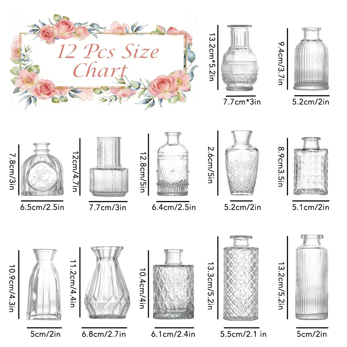 12 Pcs Glass Bud Vase Set, Small Glass Vases for Flowers, Mini Clear Bud Vases for Centerpieces, Wedding, Home, Office and Table Decoration, Clear