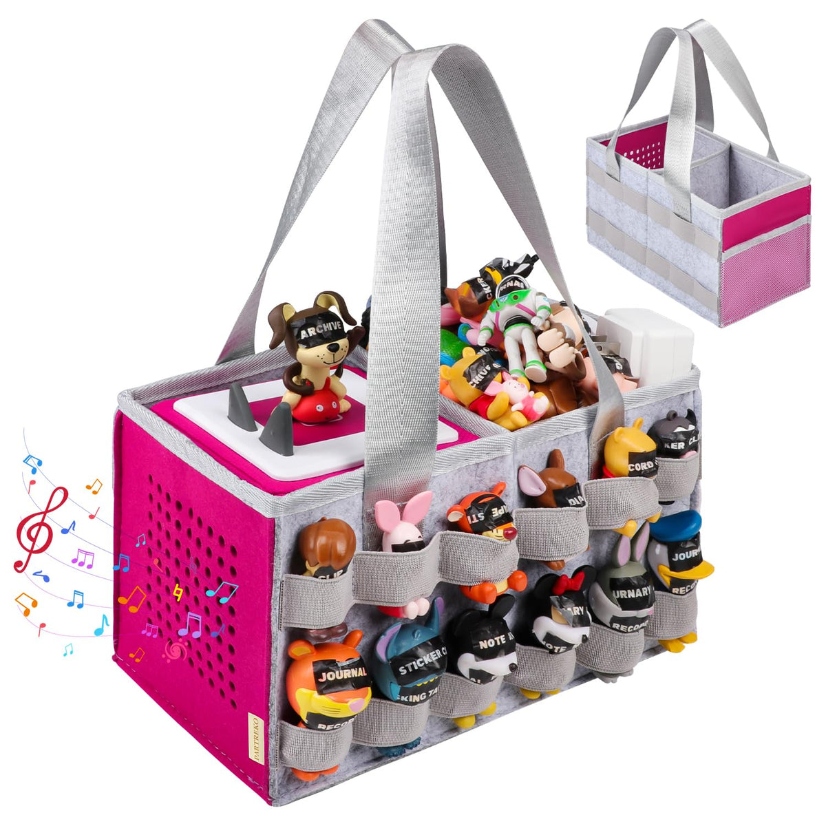 Partreko Carrying Case Compatible with Tonies Box with Audio Position, Portable Travel Storage Bag for Tonies Figures with 24 Elastic Strap, Soft Felt Organizer Case for Toniebox Accessories Gray&Rose