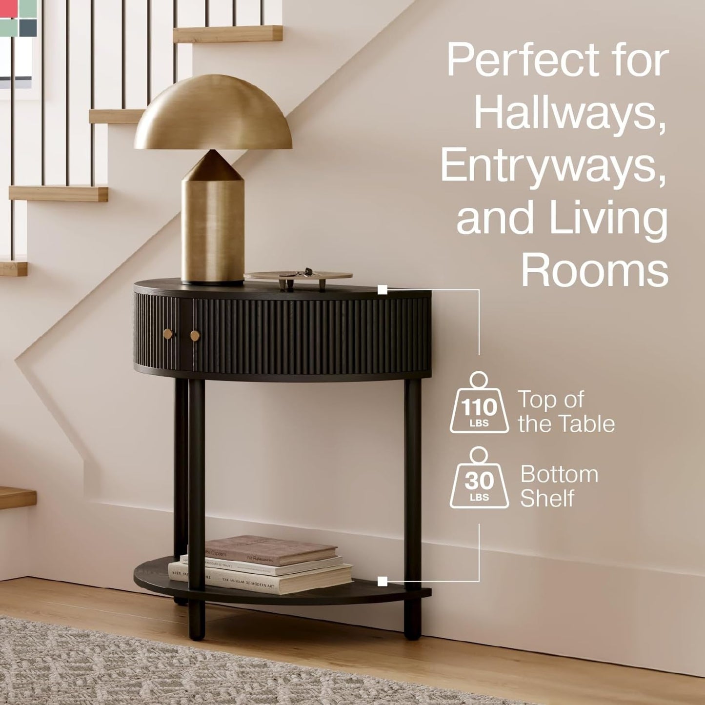 Stead Entryway Table Fluted Half Moon Console - Semicircular, Black Oak Veneer - Hidden Storage with Two Fluted Doors & Brass Knobs - Modern Narrow Console Table for Living Room & Hallway