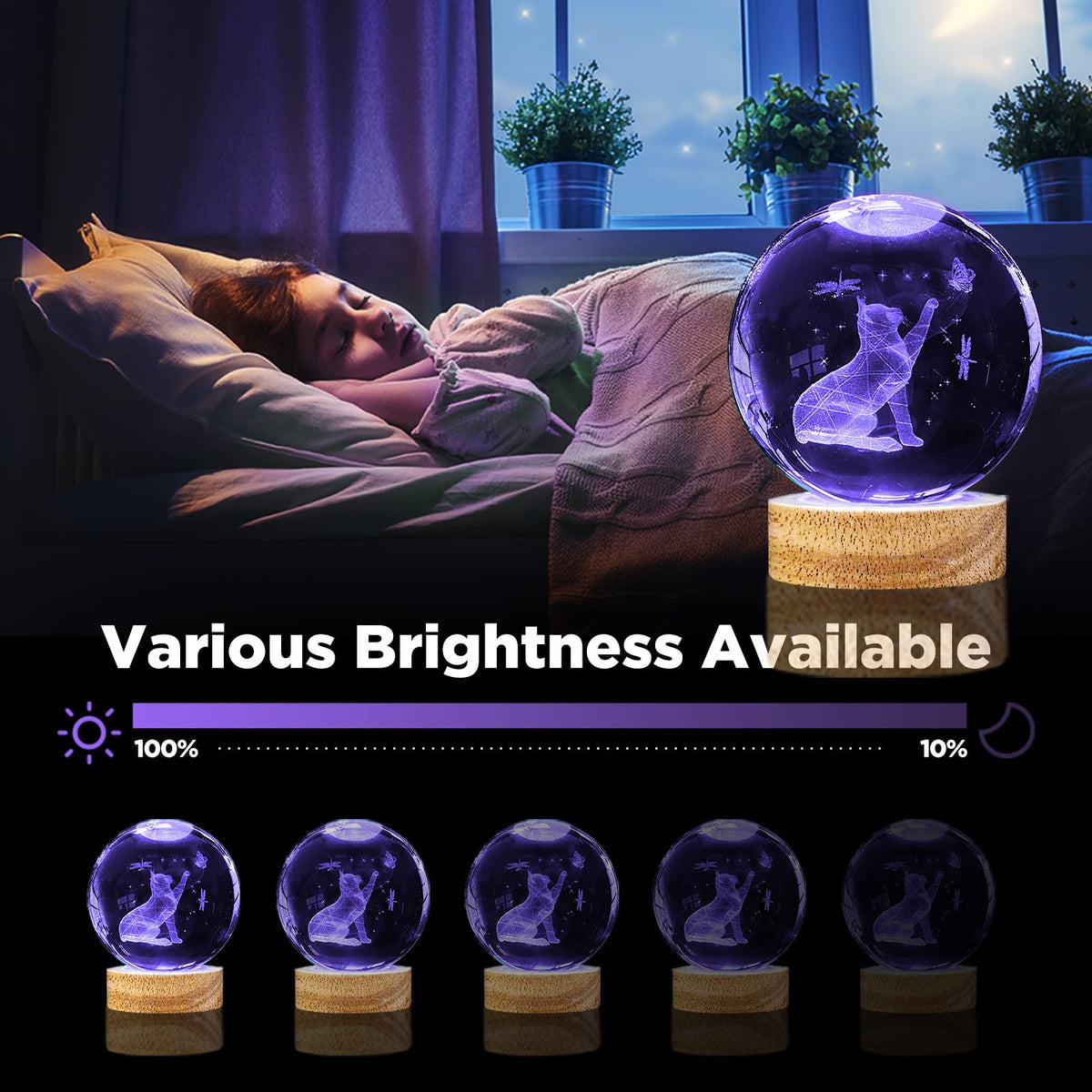 Crystal Ball Night Light Cat Lamp, 3.15 Inch Cat Figurines with 16 Color Wooden LED Base, Birthday &