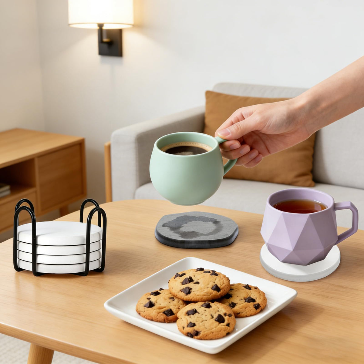 Azhou 6Pcs Absorbent Diatomaceous Earth Coasters Set with Holder - 4 Inch Quick-Dry Stone Coasters with Scratch-Resistant Surface & Velvet Base, Reusable Home Decor for Coffee Bar, Office Desk