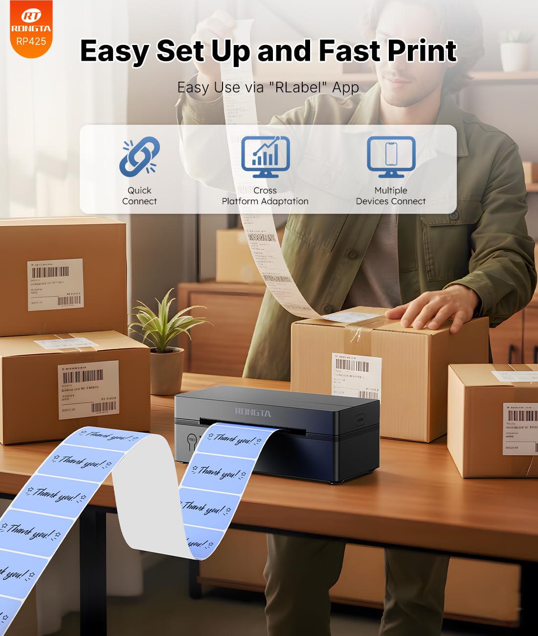 Rongta Bluetooth Thermal Shipping Label Printer, Wireless 4x6 Label Printer for Shipping Packages&Small Business, Compatible Windows/Mac/Android/iOS, Support USPS, UPS, Etsy, Shopify, RP425