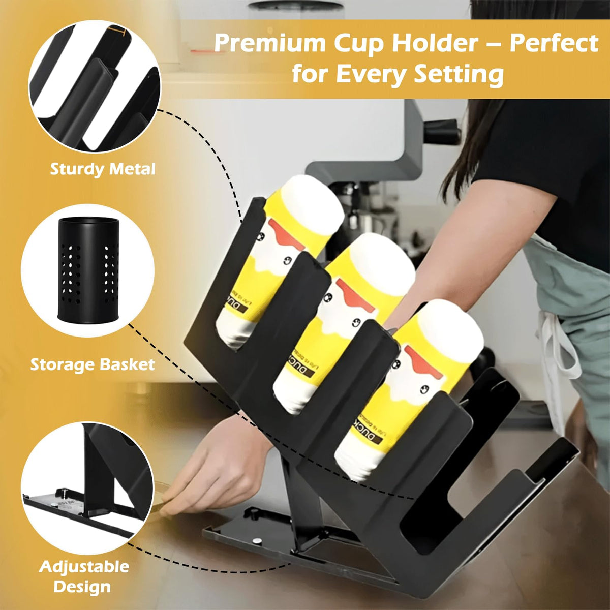 Adjustable Coffee Cup Holder Organizer – 4 Compartment Disposable Cup Dispenser with Mesh Basket for Coffee Pods, Straws, Sugar Packets – Metal Countertop Storage for Coffee Bar Accessories