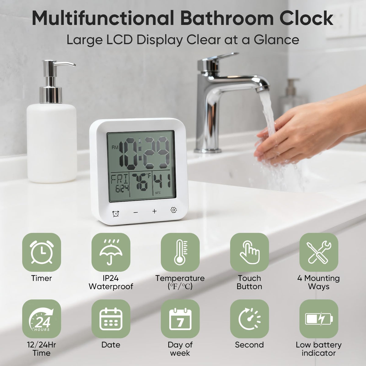 onannos Bathroom Clock Waterproof Shower Timer, Digital Wall Clock with Countdown, Touch Screen, LCD Display, Temperature, Suction Cup/Hanging Hole/Stand, Spa Sauna, Kids and Adults I White