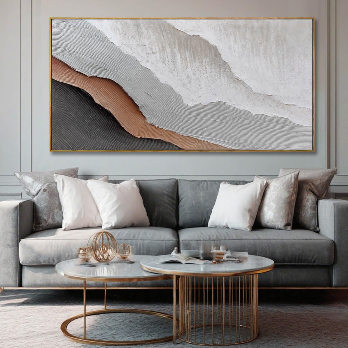 Textured White Wall Art,Grey Abstract Artwork,Large Framed Modern Pictures,Wave Landscape Oil Painting 24"x48"for Home Office Gallery