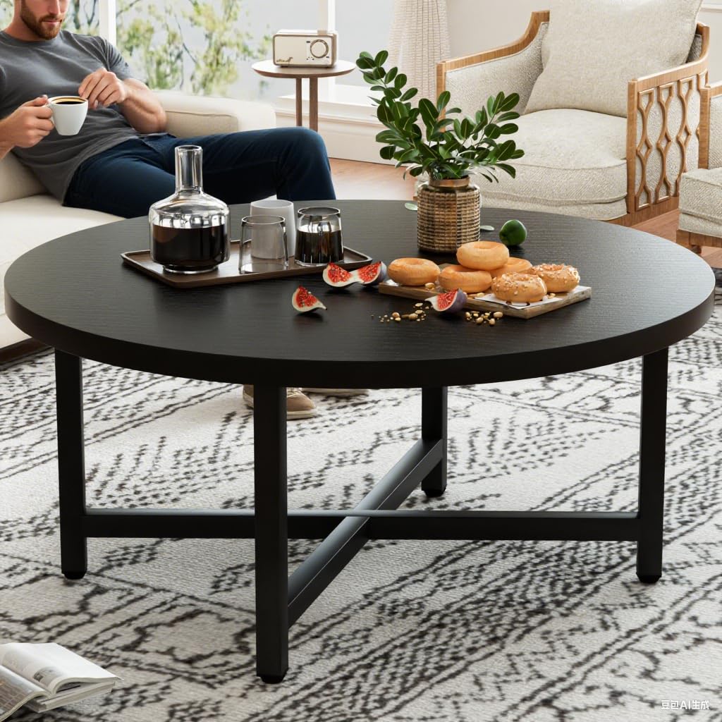 FURMORENE Coffee Table, 31.5" Large Coffee Tables, Black Round Coffee Tables for Living Room, Floor Table for Sitting on The Floor, Center Coffee Table with Metal Frame for Office Apartment Home