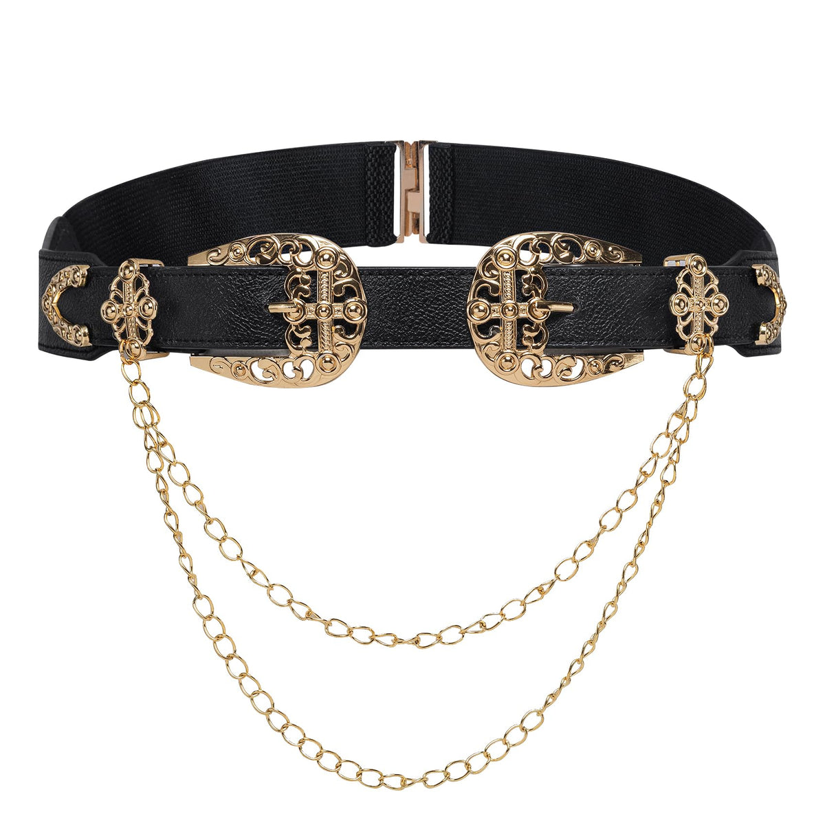 Barry.Wang Women Double Western Belt Vintage Leather Black Belt Gold Buckle Design Elastic Waist Chain Jeans Dresses Cowgirl