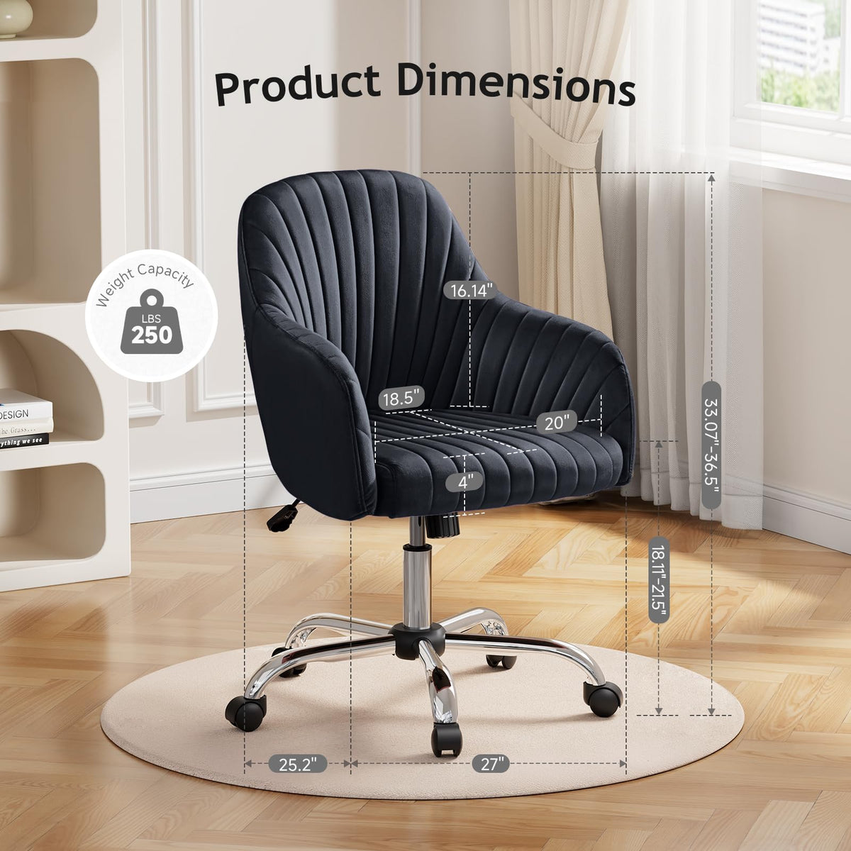 Warmiehomy Velvet Desk Chair for Home Office, Modern Adjustable Swivel Task Chair, Women Vanity Chairs with Arm Rest for Bedroom Dressing Room, Classic Black