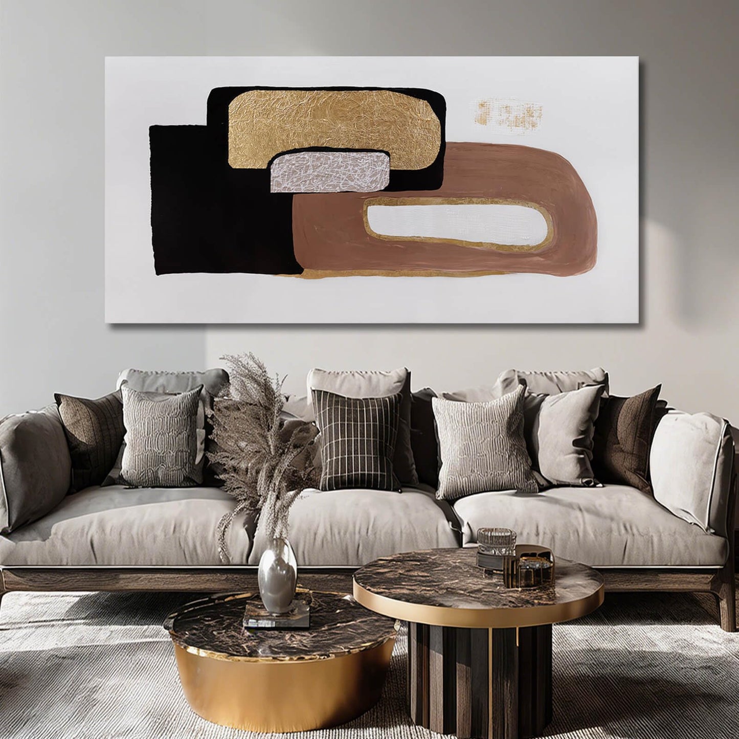 Framed Neutral Abstract Wall Art for Living Room Black and Gold Pictures Wall Decor Geometric Block Art 29"x 58" Big Painting for Bedroom Office