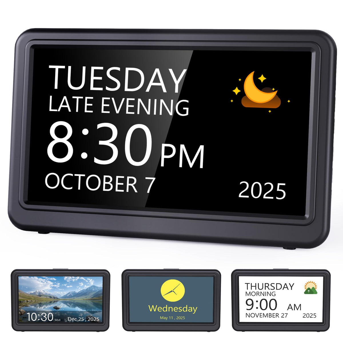 Raynic Date Clock, Digital Clock with 12 Themes, 20 Alarms, 20 Reminders, Semi-Automatic Dimming, 12/24 Hours, Auto DST Clock for Seniors Desktop, Office, Students (Black, 7 Inches)