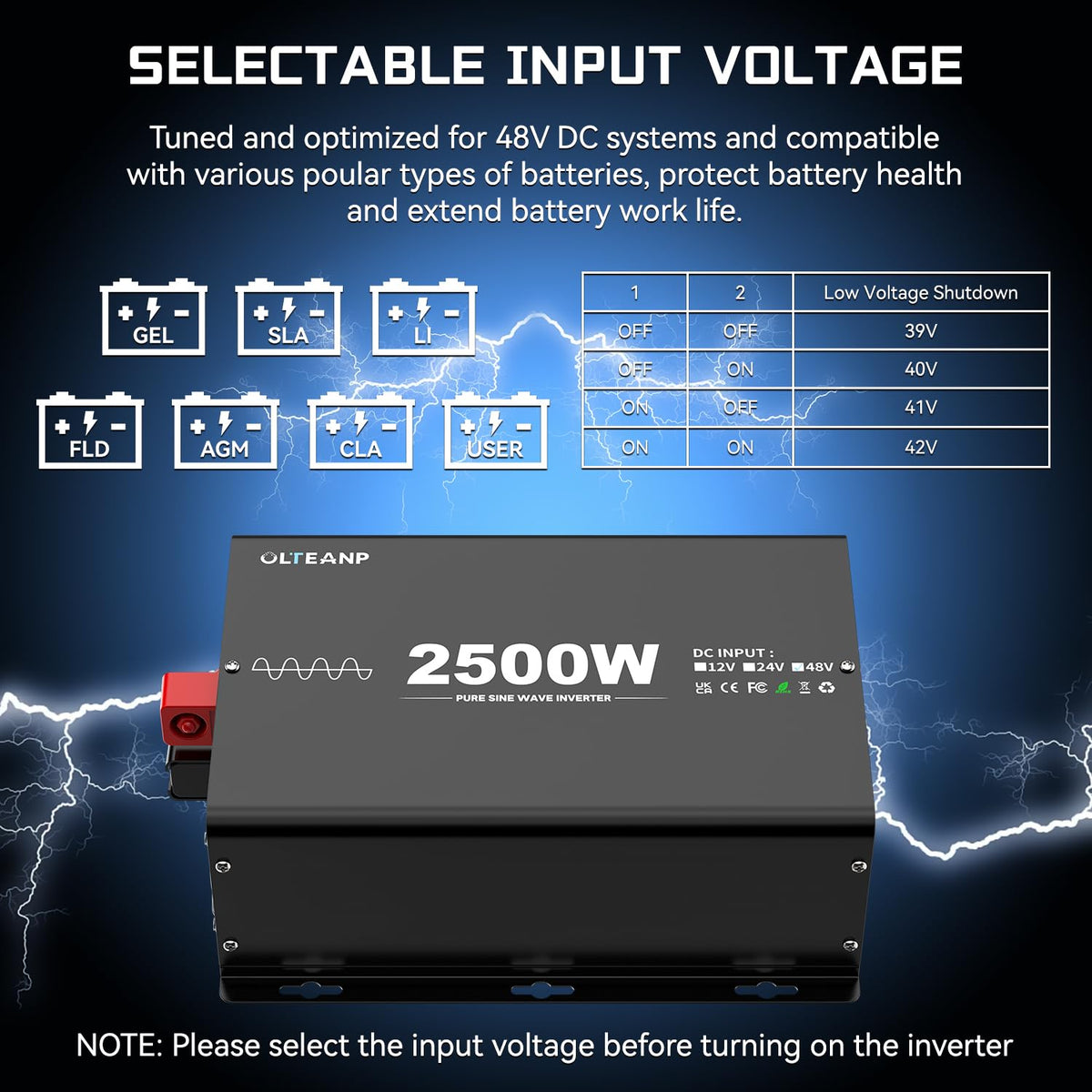 48V 2500W Pure Sine Wave Inverter 48V DC to 110V AC, 5000W Peak Power, 4 AC Outlets, USB & Type-C Port, Adjustable Input for Lithium Battery, Solar/Off-Grid Backup with LCD Remote
