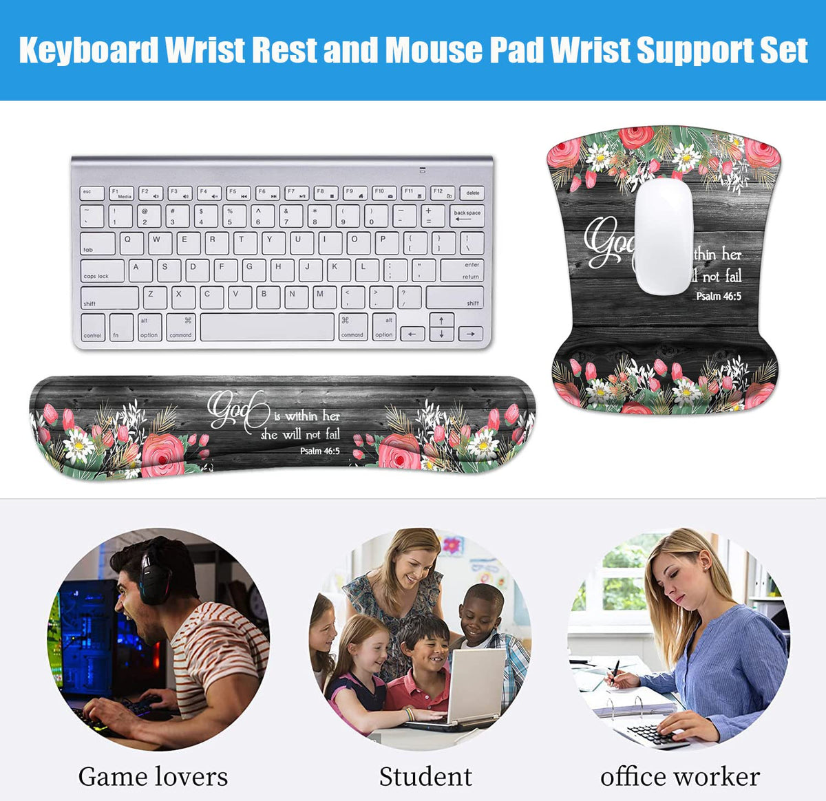 Keyboard Wrist Rest and Mouse Wrist Rest Pad Set with Coasters, Ergonomic Support, Non-Slip PU Base, Easy Typing & Pain Relief for Home Office Working Studying, Floral Quote Bible Verses Psalm 46:5