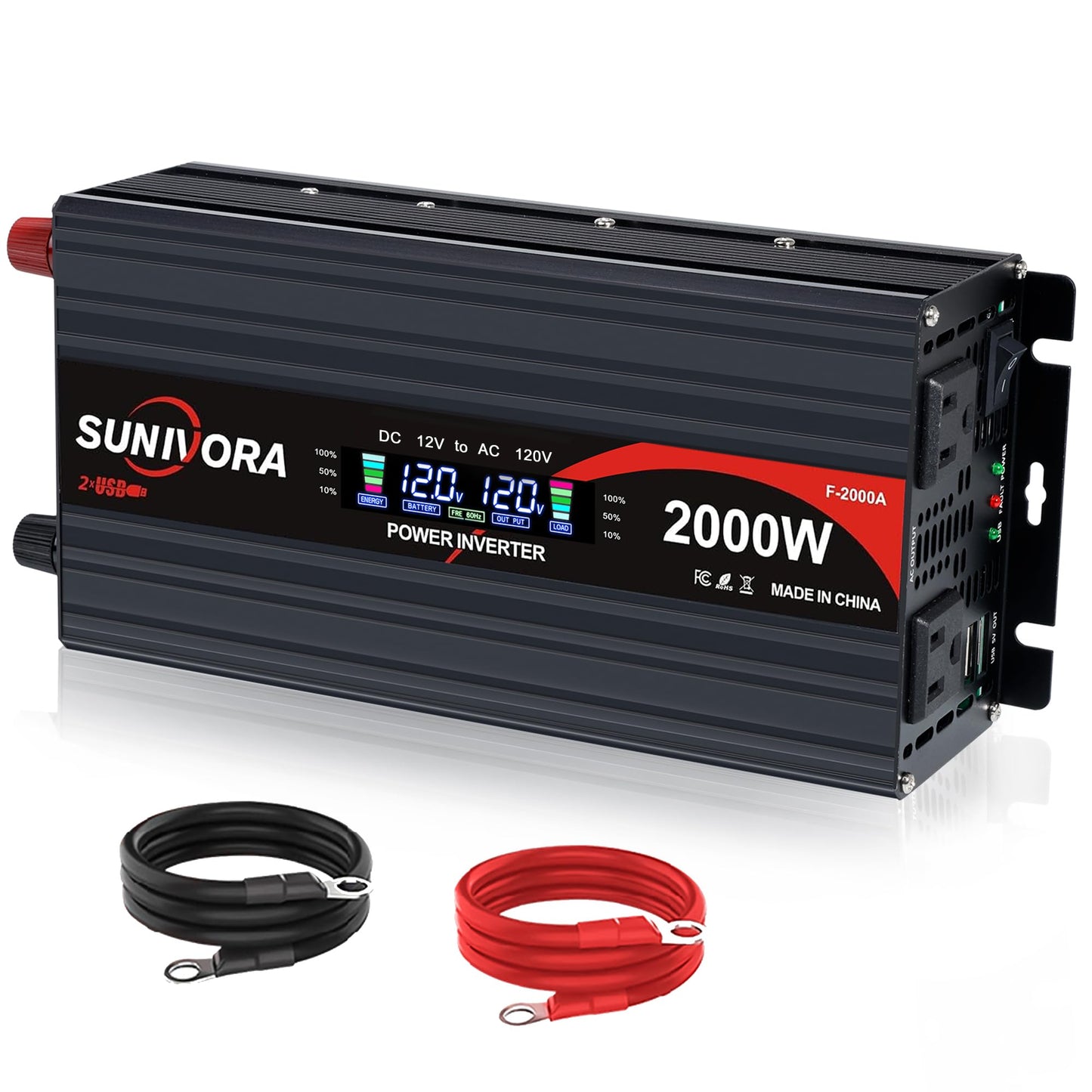 2000 Watt Power Inverter 12V DC to 110V/120V AC Converter 4000W Peak with LCD Display, 3 AC Outlets & 2 USB Ports Power Inverters for Vehicles Car Truck Boat RV Camping Solar System EPS
