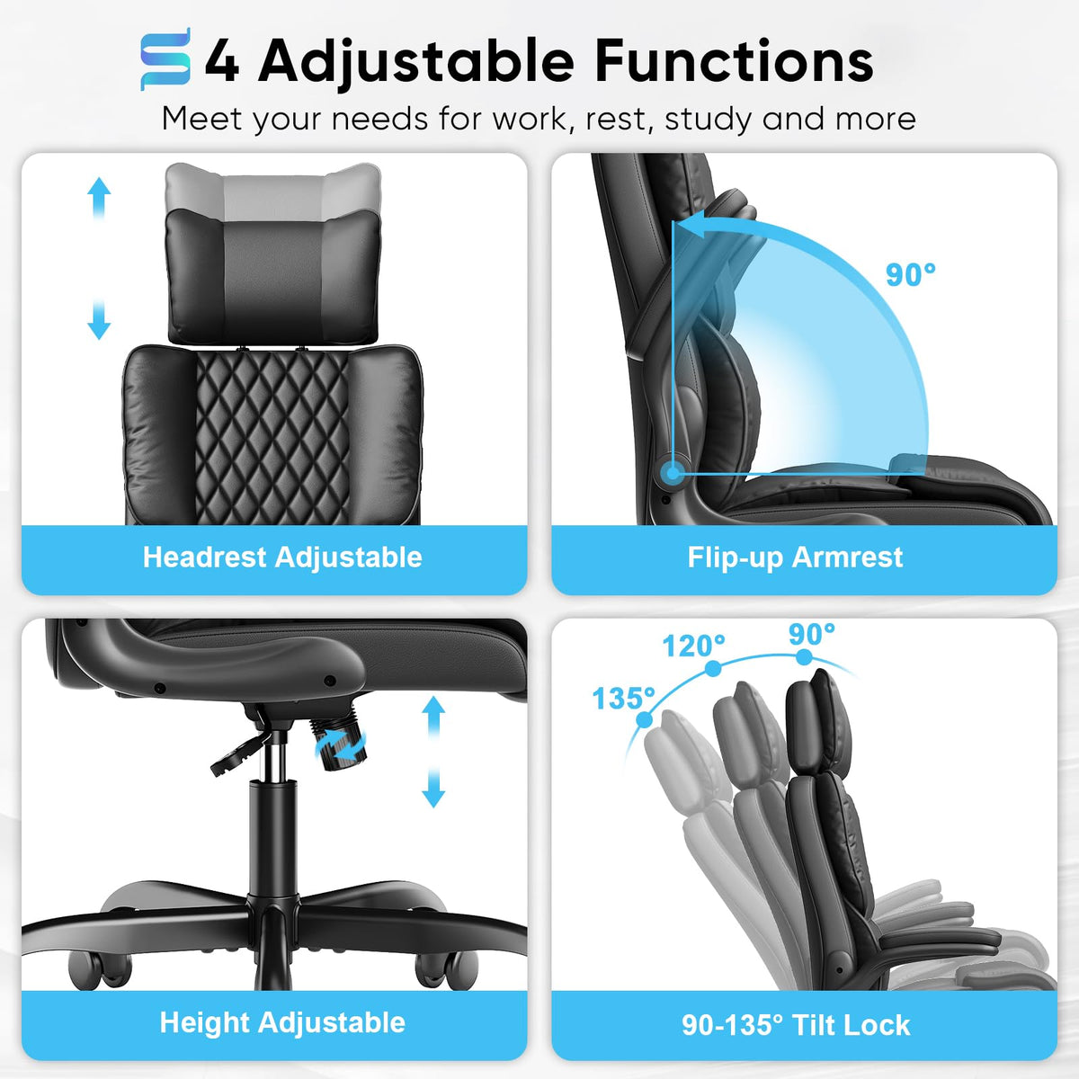 Sytas Ergonomic Office Chair with Adjustable Headrest, Executive Leather Desk Chair with Upgraded Lumbar Support for Lower Back Pain Relief, Thickened Backrest Computer Chair for Home Office, Black