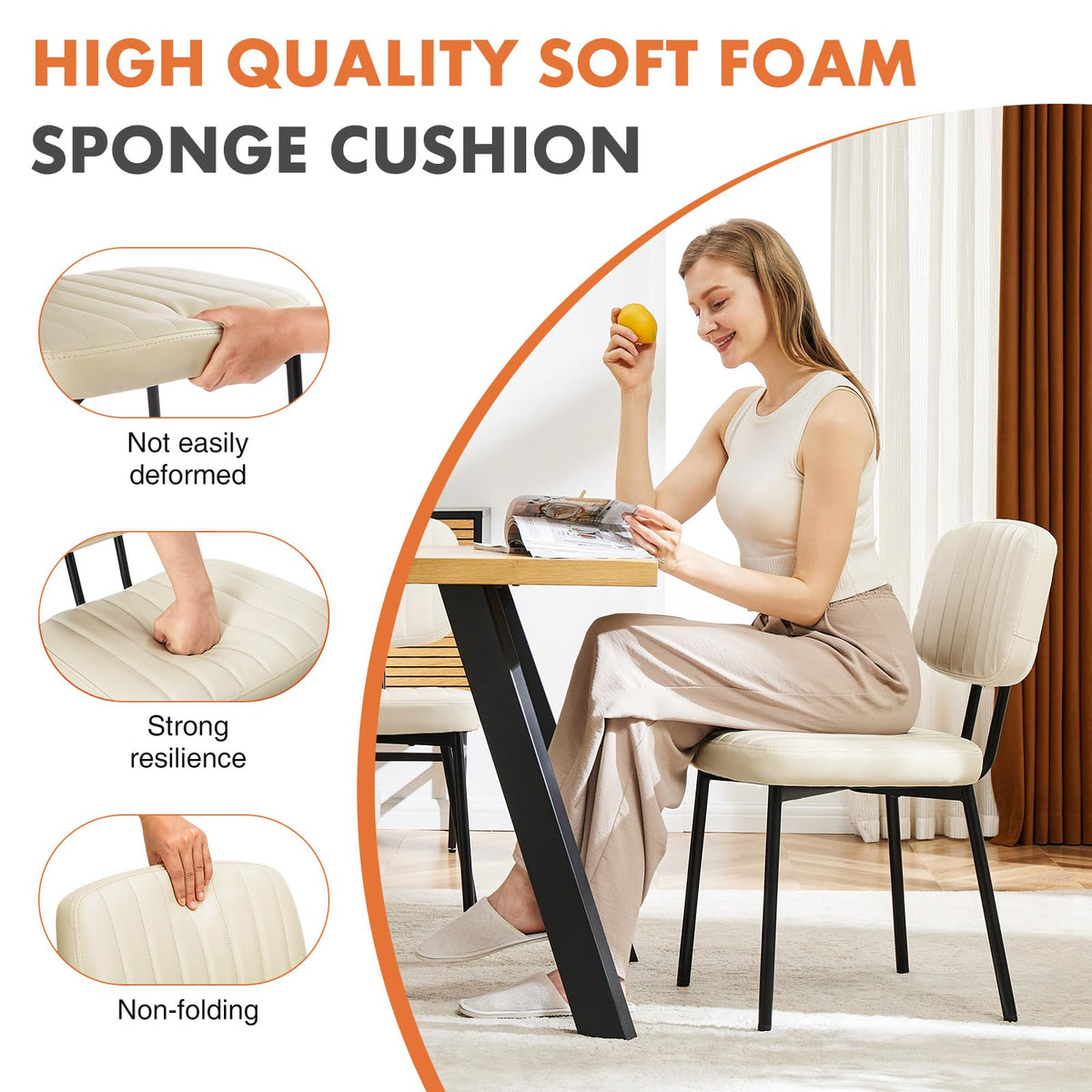 Sweetcrispy Dining Chairs Set of 2, Upholstered Mid Century Modern Kitchen Accent Chairs with Faux Leather Cushion Seat & Metal Legs for Home Office, Living Room-Beige White