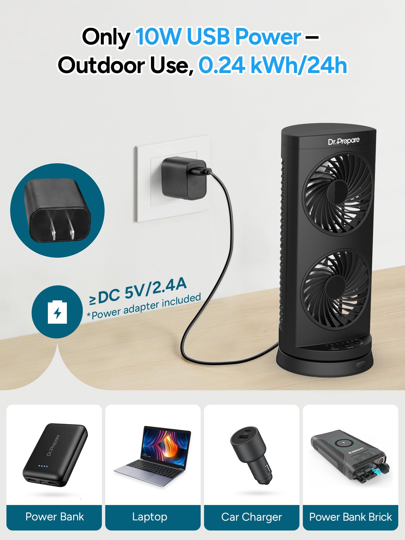 DR.PREPARE Desk Fan USB DC Tower Cooling Fan with Remote Control, DC Motor Portable Oscillating Fan, 3 Speeds, Dual Air Circulation, 110° Oscillation, Table Fan for Bedroom Dorm Room Office Desktop