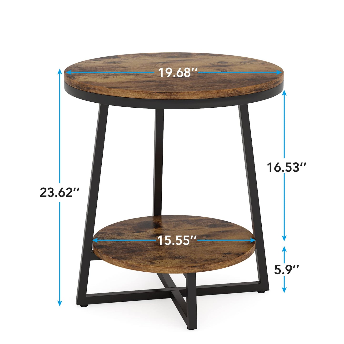 Tribesigns End Table, 2 Tier Round Side Table with Storage Shelf, Industrial Nightstand Bedside Table Coffee Accent Table for Living Room Bedroom Small Space, Rustic Brown